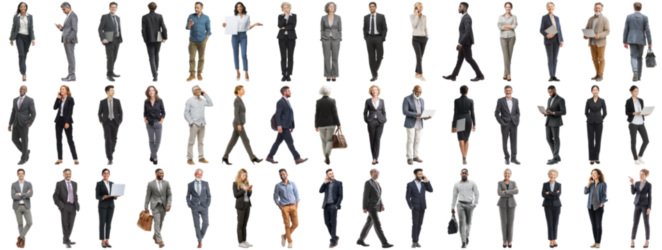 Set of business people in various actions on isolated background. Businesspeople, businesswomen, businessmen office worker in full body length studio professional shot in casual and formal wear