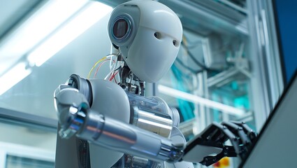 White Humanoid Robot with Transparent Arms Working at a Desk in a Bright Modern Laboratory