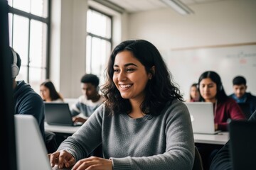 Young woman smiling while working on a laptop in a classroom
