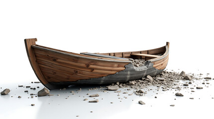 Conceptual Ruined Wooden Small Boat with Debris Isolated on White Background