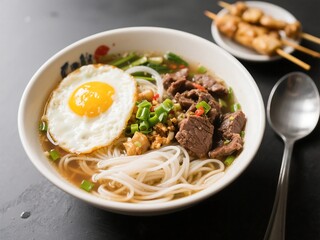 Satay beef vermicelli noodle soup with a sunny side up