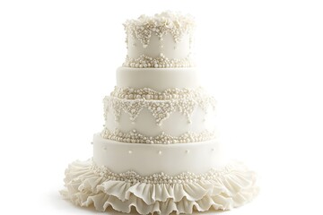 A timeless wedding cake featuring pearl details and graceful borders.