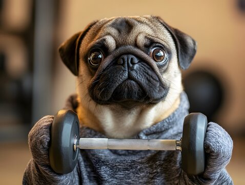 pug in workout clothes lifting small dumbbells, playful expression and fitness room background 
