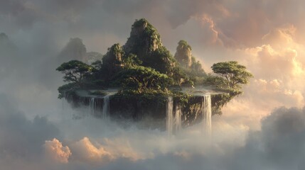 floating island with lush green trees and waterfalls, surrounded by mist and clouds, golden hour sunlight casting dramatic light, mystical mountain landscape