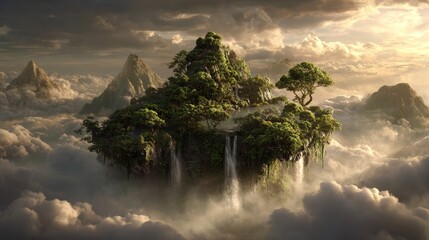 floating island with lush green trees and waterfalls, surrounded by mist and clouds, golden hour sunlight casting dramatic light, mystical mountain landscape