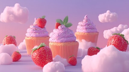 floating strawberry cupcakes with pink frosting and mint leaves, surrounded by whole strawberries and fluffy white clouds, dreamy pastel pink and purple gradient background