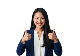 Happy Asian businesswoman giving thumbs up with both hands, isolated on a transparent background