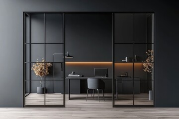 Modern, dark office space with glass partitions