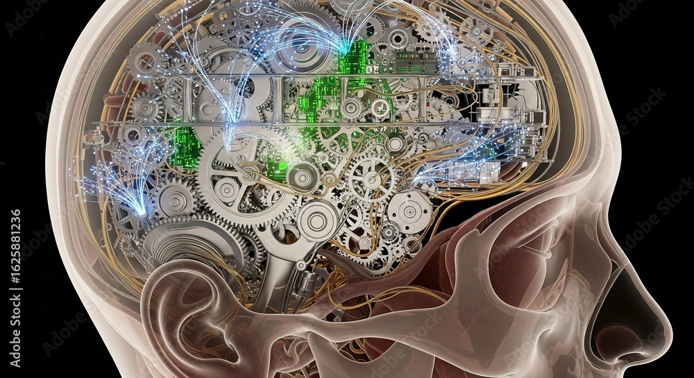 Poster cross-section view of a human head revealing a complex mechanical brain, a concept of artificial int
