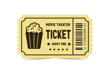 Movie theatre ticket isolated on white background. Vector, cinema, movie, film, popcorn, play, party, event, festival ticket realistic template. Ticket icon for website.