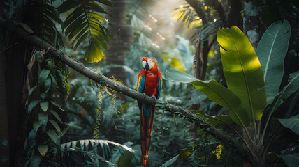 A scarlet macaw parrot with vibrant red, yellow, and blue feathers perched on a branch in the tropical jungle