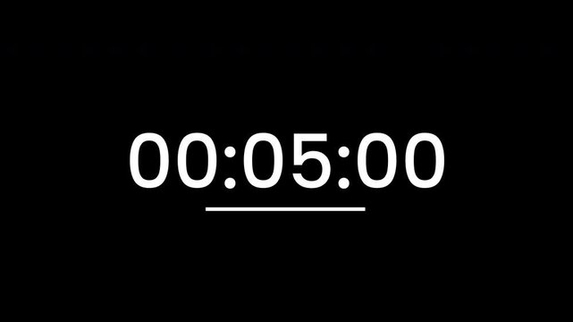 Countdown animation on black background. 05 secon timer on stopwatch