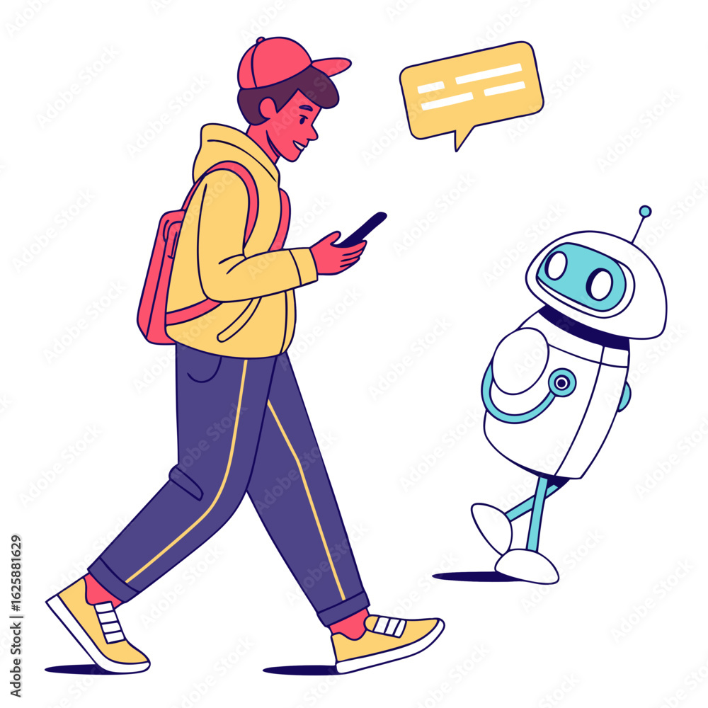 Poster young man with backpack and smartphone interacts with a friendly robot isolated on transparent backg