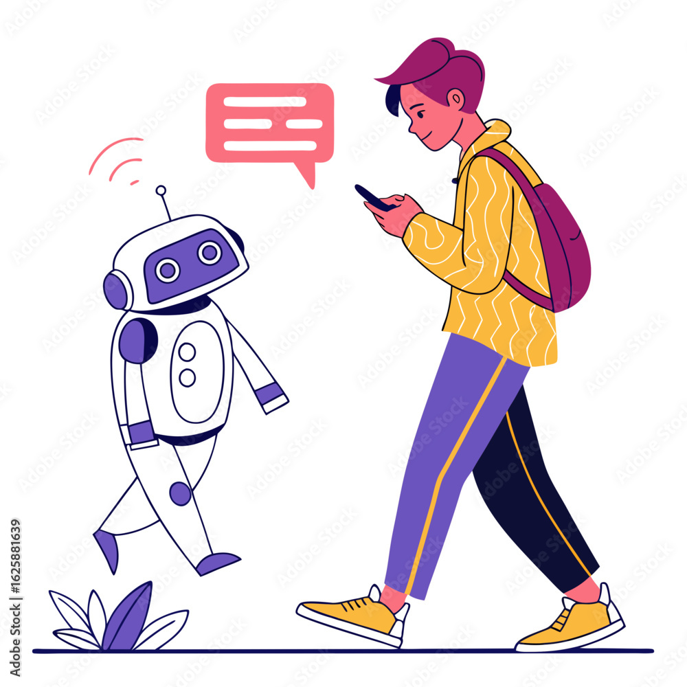 Poster young man interacting with a friendly robot using a smartphone isolated on transparent background