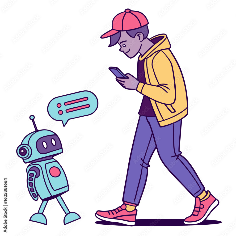 Aufkleber young man with smartphone interacting with a friendly robot isolated on transparent background