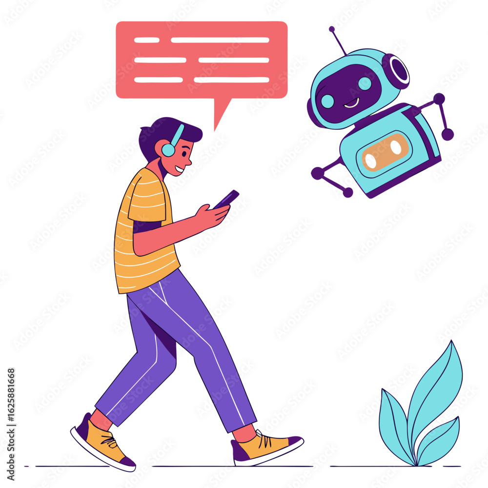 Aufkleber person interacting with a friendly robot via smartphone isolated on transparent background