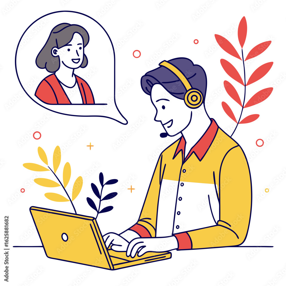 Poster customer service representative communicating with a client via video call isolated on transparent b