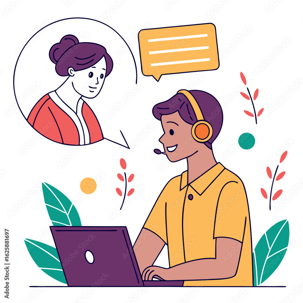 Poster customer service representative talking to client via video call isolated on transparent background