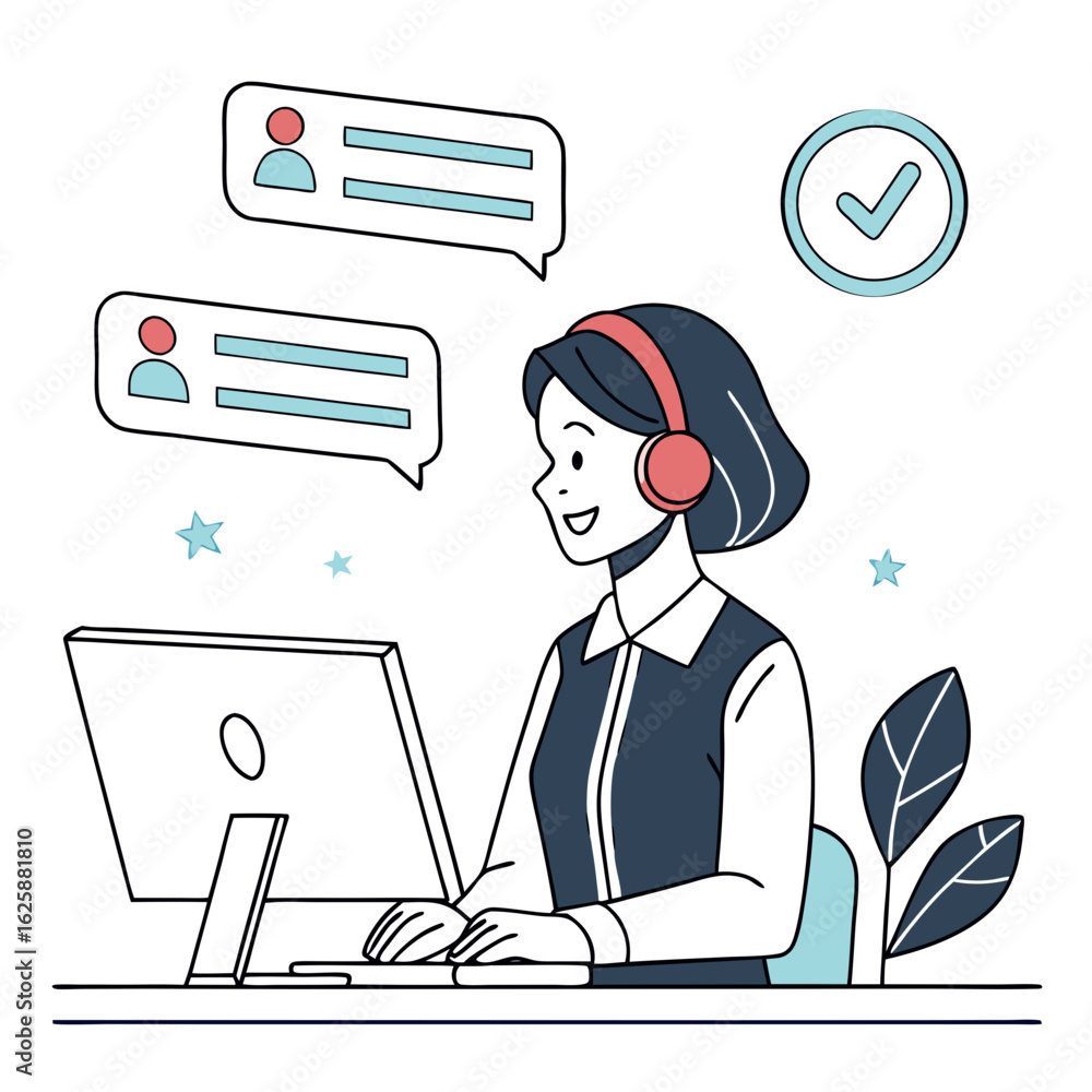 Poster customer service representative with headset and computer isolated on transparent background