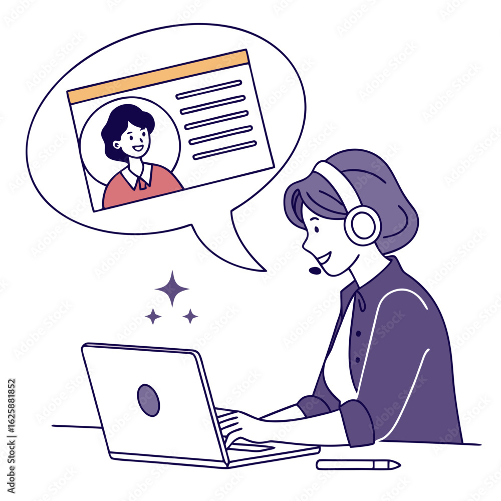 Poster customer service representative with headset and laptop communicating with client isolated on transp