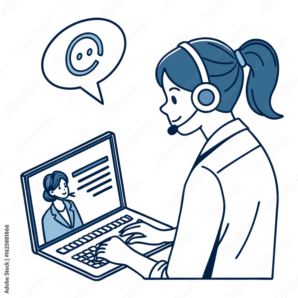 Poster customer service representative communicating with a client via video call isolated on transparent b