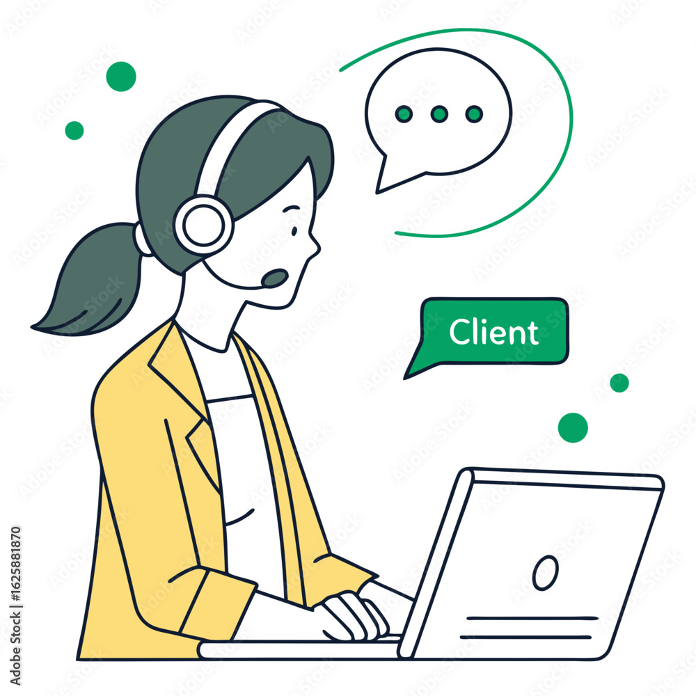 Poster customer service representative with headset and laptop communicating with client isolated on transp