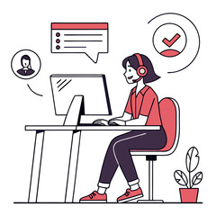 Customer service representative working on computer with headset isolated on transparent background