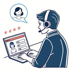 Customer service representative with headset and laptop reviews customer feedback isolated on transparent background