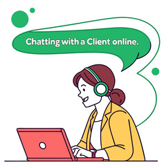 Woman wearing headphones chatting with a client online isolated on transparent background