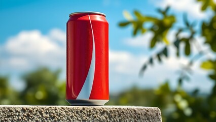 Red exclamation mark floating in blue sky with summer drink elements around