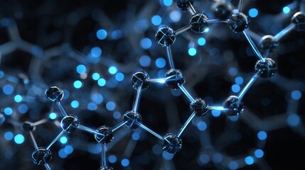 futuristic molecular lattice, blue neon highlights, black chrome nanotubes, glowing atoms, sci-fi style, high-tech background, abstract science concept