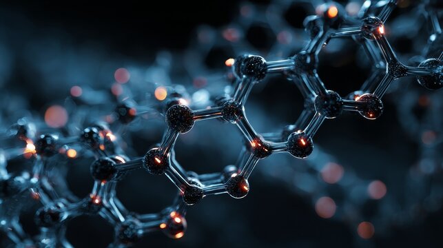 futuristic molecular lattice, blue neon highlights, black chrome nanotubes, glowing atoms, sci-fi style, high-tech background, abstract science concept - Powered by Adobe