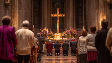 Holy Cross Day, devout believers kneeling in front of large cross inside cathedral