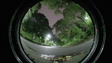 Fototapeta premium Fisheye view of a park road at night.