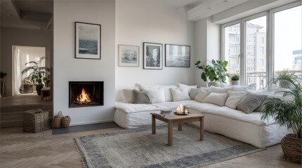 White corner sofa near fireplace. Scandinavian home interior design of modern living room.