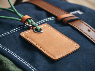 Close up of a textured leather luggage tag attached to a dark fabric bag with a leather strap