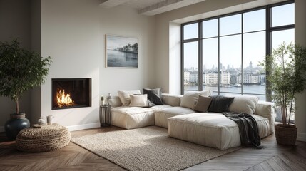 White corner sofa near fireplace. Scandinavian home interior design of modern living room.