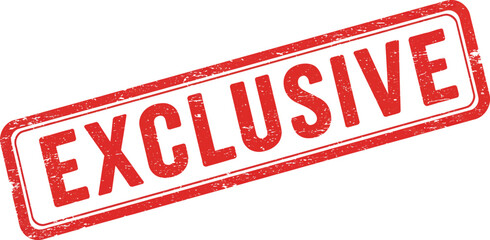 Red and white distressed rubber stamp with the word exclusive in bold red letters isolated on transparent background