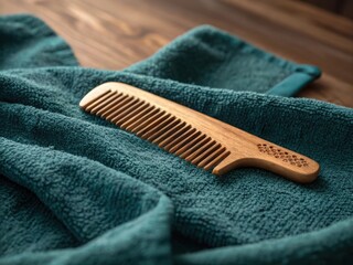 Natural wooden comb resting on a soft teal green textured towel