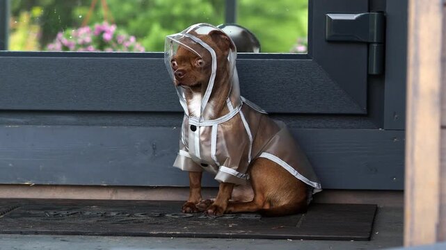 A dog dressed in a transparent raincoat is sitting on a mat by a door, displaying a playful expression and unique outfit, capturing the charm of pets enjoying rainy weather in a cozy setting
