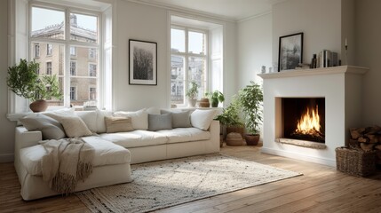 White corner sofa near fireplace. Scandinavian home interior design of modern living room.