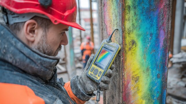 Worker Using Handheld Scanner to Analyze Material at Construction Site