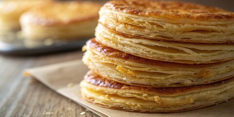Golden brown flaky puff pastry stacked high on a rustic wooden table with soft background