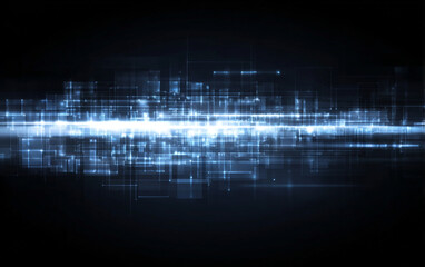 Fototapeta premium Glowing blue digital network grid with bright central light abstract background