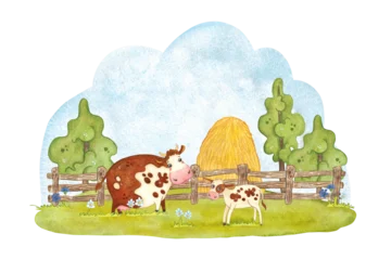 Gardinen Cute farm cows on pasture field with wooden fence, haystack watercolor illustration. Rural village scene with summer landscape for cartoon kids design. Mother and son grazing animal for children book © DemiLenka