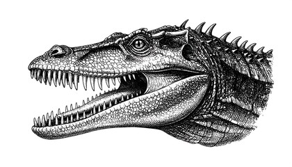 Obraz premium Detailed pen-and-ink drawing of a dinosaur head in profile view, mouth open, showing sharp teeth and scales