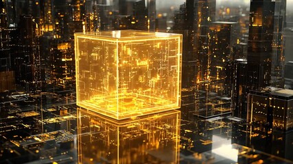 Digital art glowing cube with futuristic cityscape for data processing technology advancement innovation progress visualization modern digital age concept. - Powered by Adobe