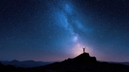 Silhouette person on mountain top milky way