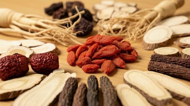 Close-up of Chinese medicinal materials such as wolfberry and red dates