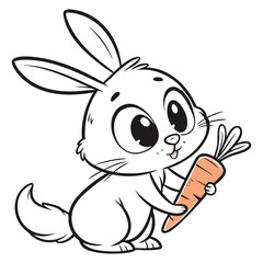 rabbit, cute, cartoon, whimsical, big eyes, holding a carrot, black and white line art
